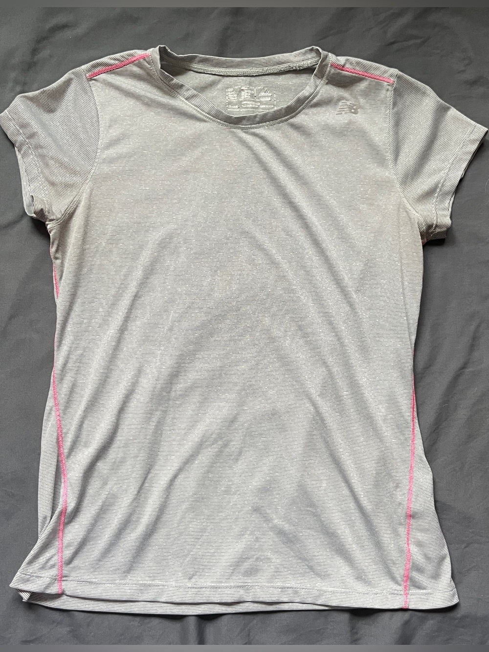 New Balance Short Sleeve Shirt Top Womens Medium Performance NB Grey Stripe Pink